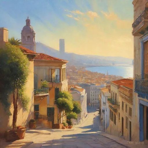 Prompt: Montevideo historical center, streets, skyscrapers, mountains in the background, fortress on a hill, sunny, hot weather, hyperrealistic, extremely detailed painting by Greg Rutkowski by Steve Henderson 