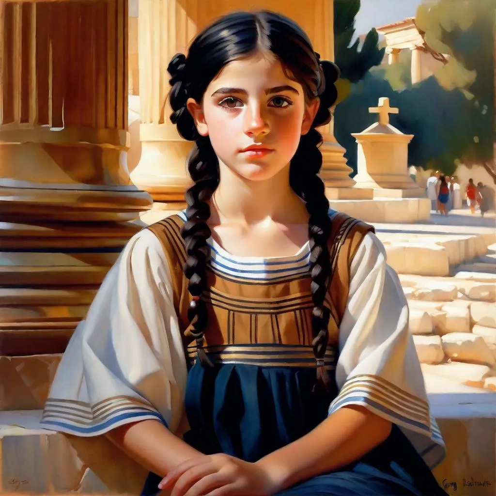 Prompt: A 13 years old Greek girl, pale skin, freckles, black hair, pigtails, brown eyes, traditional Greek dress, Athens, photorealistic, extremely detailed painting by Greg Rutkowski by Steve Henderson