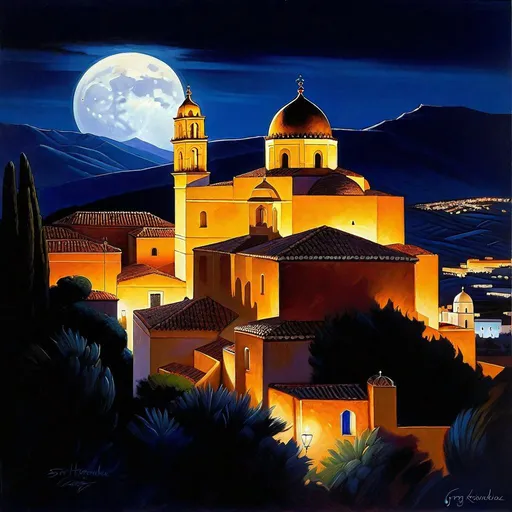 Prompt: Cordoba at night, streets, mountains in the background, fortress on a hill, dark blue sky, moon, hyperrealistic, extremely detailed painting by Greg Rutkowski by Steve Henderson 