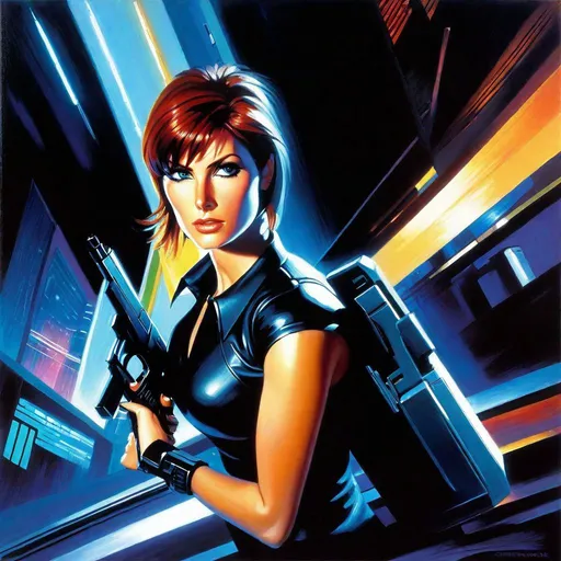 Prompt: Perfect Dark poster, N64 game, 2000, montage, cyberpunk, dark, realistic, extremely detailed painting by Greg Rutkowski by Steve Henderson 