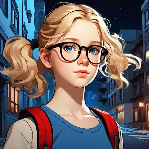 Prompt: 13 years old Russian-American girl, pale skin, freckles, wavy blonde hair, pigtails, icy blue eyes, glasses, black shirt and blue jean shorts, night, street, run down buildings, Brooklyn, gameplay, Persona 5 style, cel shaded style, intricate, detailed face, by Greg Rutkowski.