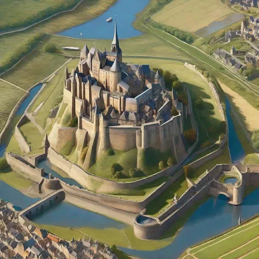 Prompt: Aerial view of Mont Saint-Michel, merchants, guards, castle and abbey complex on hill, Late Middle Ages, historical reconstruction, sunny weather, hyperrealistic, extremely detailed painting.