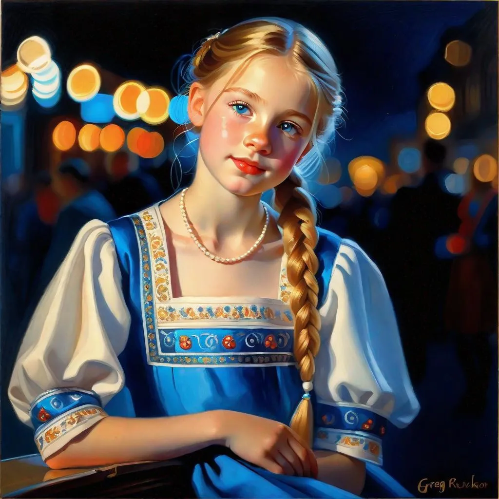 Prompt: A 13 years old Russian girl, pale skin, freckles, blond hair, pigtails, blue eyes, traditional Russian dress, Moscow at night, photorealistic, extremely detailed painting by Greg Rutkowski by Steve Henderson