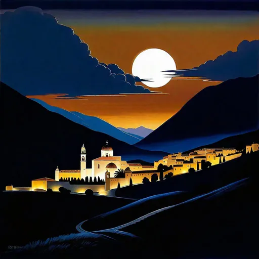 Prompt: Cordoba at night, streets, mountains in the background, fortress on a hill, dark blue sky, moon, hyperrealistic, extremely detailed painting by Greg Rutkowski by Steve Henderson 