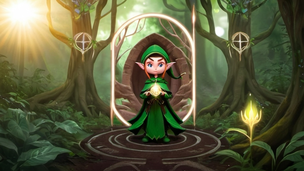 Prompt: Elf ranger in a mystical forest around sunlight