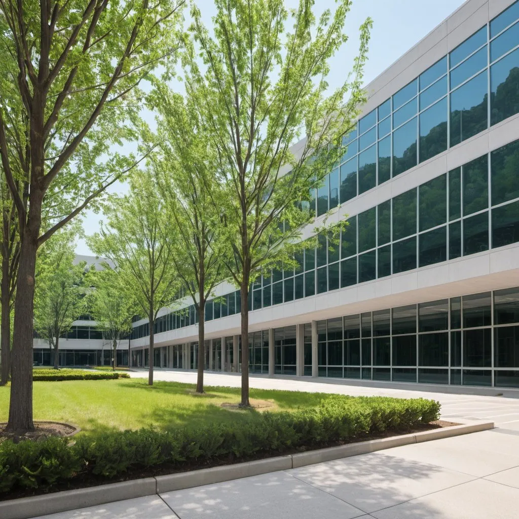 Prompt: office plaza with trees yet simple and light outside as a zoom background

