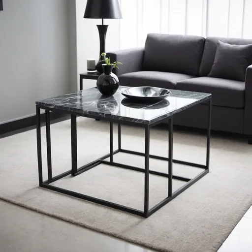 Prompt: Photography a combined Square glass and dark grey marble living room table with black thin metal legs