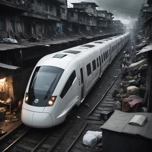 Prompt: Futuristic white train riding through dark poverty slums