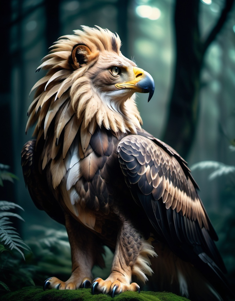 Prompt: Eagle-lion hybrid in a mystical forest, animal hybrid of an eagle and a lion, mix of lion and eagle, high quality, atmospheric lighting