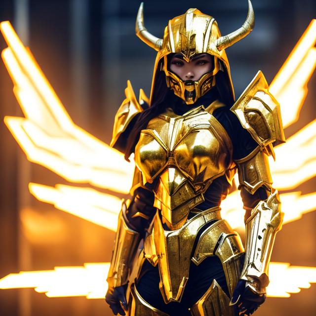 Prompt: Sci-fi woman warrior in golden power armor, horned helmet, heroic lighting, futuristic-sci-fi, detailed armor, powerful stance, intense gaze, high-tech setting, dramatic shadows, epic atmosphere, 4k, ultra-detailed, heroic, sci-fi, golden tones, futuristic, intense lighting