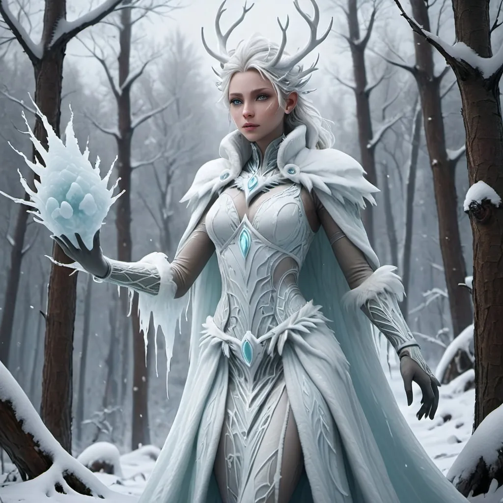 Prompt: Nombre: Thalindra Snowbloom
Raza: Humana
Clase: Druida
Trasfondo: Thalindra es una guardiana de los bosques invernales, capaz de comunicarse con los espíritus de la naturaleza y controlar el clima. Su conexión con la naturaleza le permite invocar criaturas de hielo y nieve.
Habilidades Especiales: Invocación de criaturas de hielo, control del clima, curación natural.