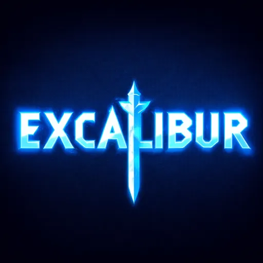 Prompt: (accurately spelled text "Excalibur"), logo design, (neon glowing effects), vibrant blue, bright white, an additional accent color of your choice, modern and sleek aesthetic, digital rendering, clean lines, captivating and dynamic style, suitable for a tech or gaming brand.