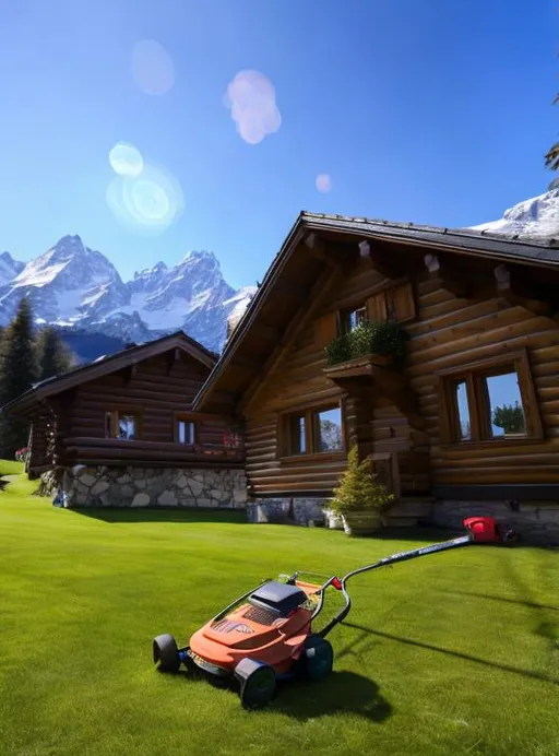 Prompt: Lawnmower in front of 'Kon Ticki' chalet, snow-capped Swiss mountains, wooden chalet with smoke rising from chimney, vibrant green grass, snowy peaks, highres, detailed, natural landscape, alpine, cozy, scenic, wood cabin, serene ambiance, picturesque setting