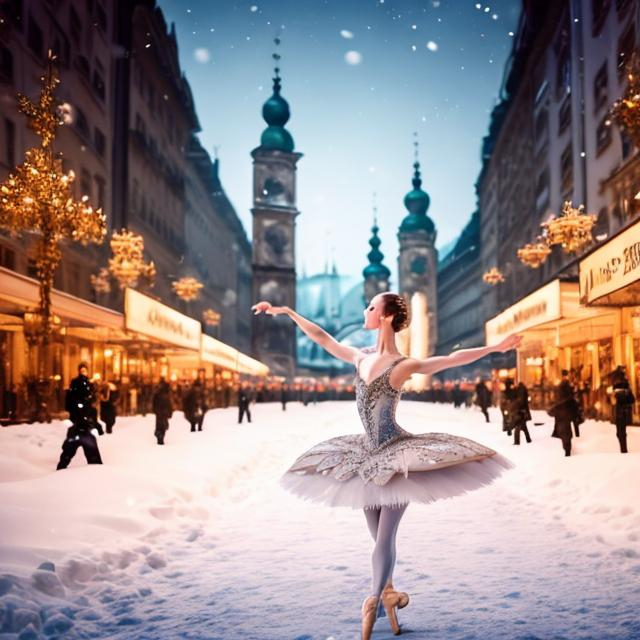 Prompt: Elegant ballerina, opulent theater backdrop, Zurich, Munich or Vienna skyline in back, snow-covered streets, detailed ballet outfit, like a photo, festive lighting, enchanting atmosphere, swan lake, winter wonderland, high quality, detailed, opulent, ballet, festive, enchanting, winter wonderland, elegant, city skyline, snowy streets, professional lighting, theatrical backdrop