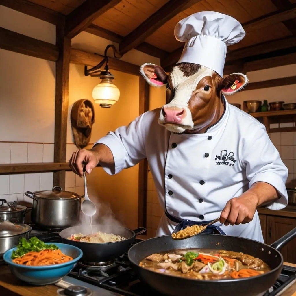 Prompt: a comic steer is cooking thai food in saas im praettigau