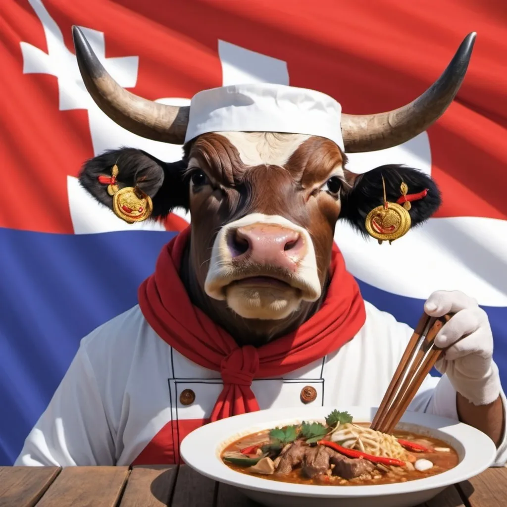 Prompt: comic steer is cooking thai food in saas switzerland flag