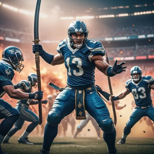 Prompt: NFL football players in uniform holding Dynasty Warrior weapons