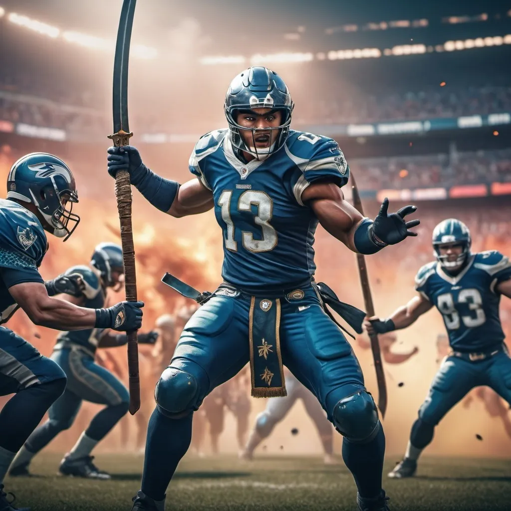 Prompt: NFL football players in uniform holding Dynasty Warrior weapons