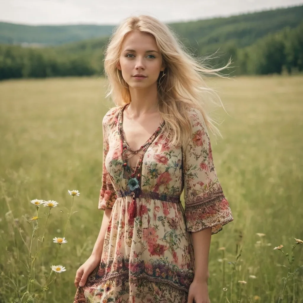 Prompt: A young blond, beautiful woman wearing a bohemian flower dress standing in a meadow