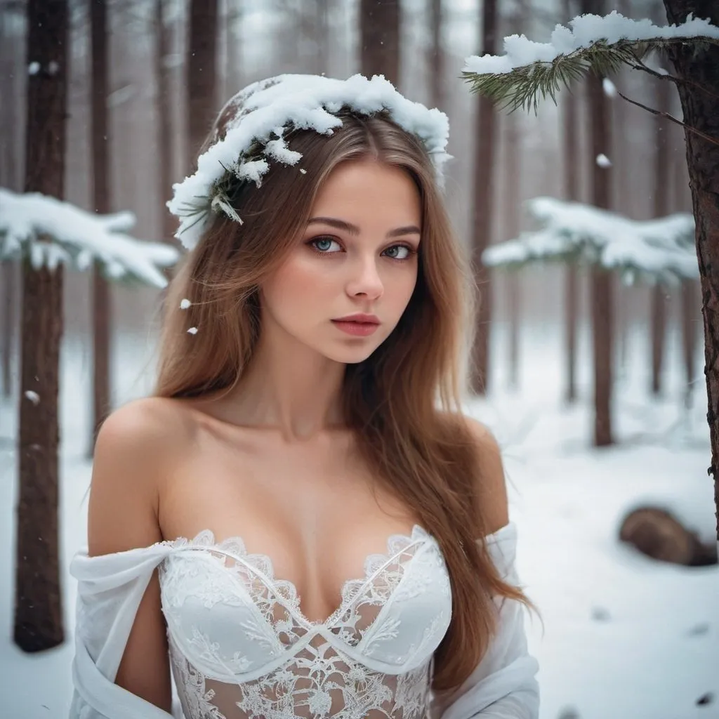 Prompt: Create a photo of a beautiful Russian girl in a snowy forest in a neglige 