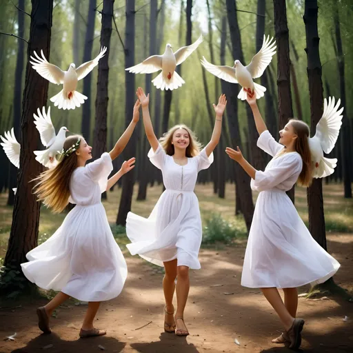 Prompt: Photo of beautiful Ukrainian girls dancing andcelebrating the signing of a peace treaty in mystical wood clearing, with real white doves rising to the air and a Russian girl extending an olive branch.