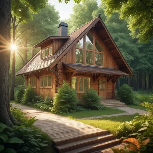 Prompt: (4K photo of a cozy house), wooden walls, surrounded by lush, leafy trees, soft sunlight filtering through branches, serene forest ambiance, warm colors, inviting atmosphere, front view perspective, detailed texturing on the wooden façade, dappled light creating patterns on the ground, tranquil setting, nature's harmony, emphasize the natural beauty of the forest environment.