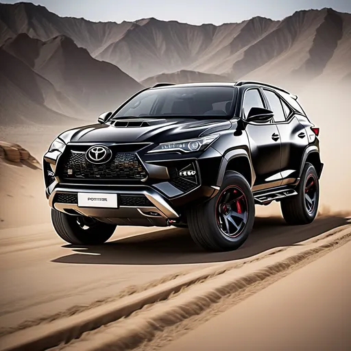 Prompt: Design an SUV:. The exterior should combine Toyota Fortuner and Lamborghini Urus. The color is black. It should have dimensions of 16'9.3” (511 cm) in length, 6'7.4” (202 cm) in width, and 5'4.5” (164 cm) in height.