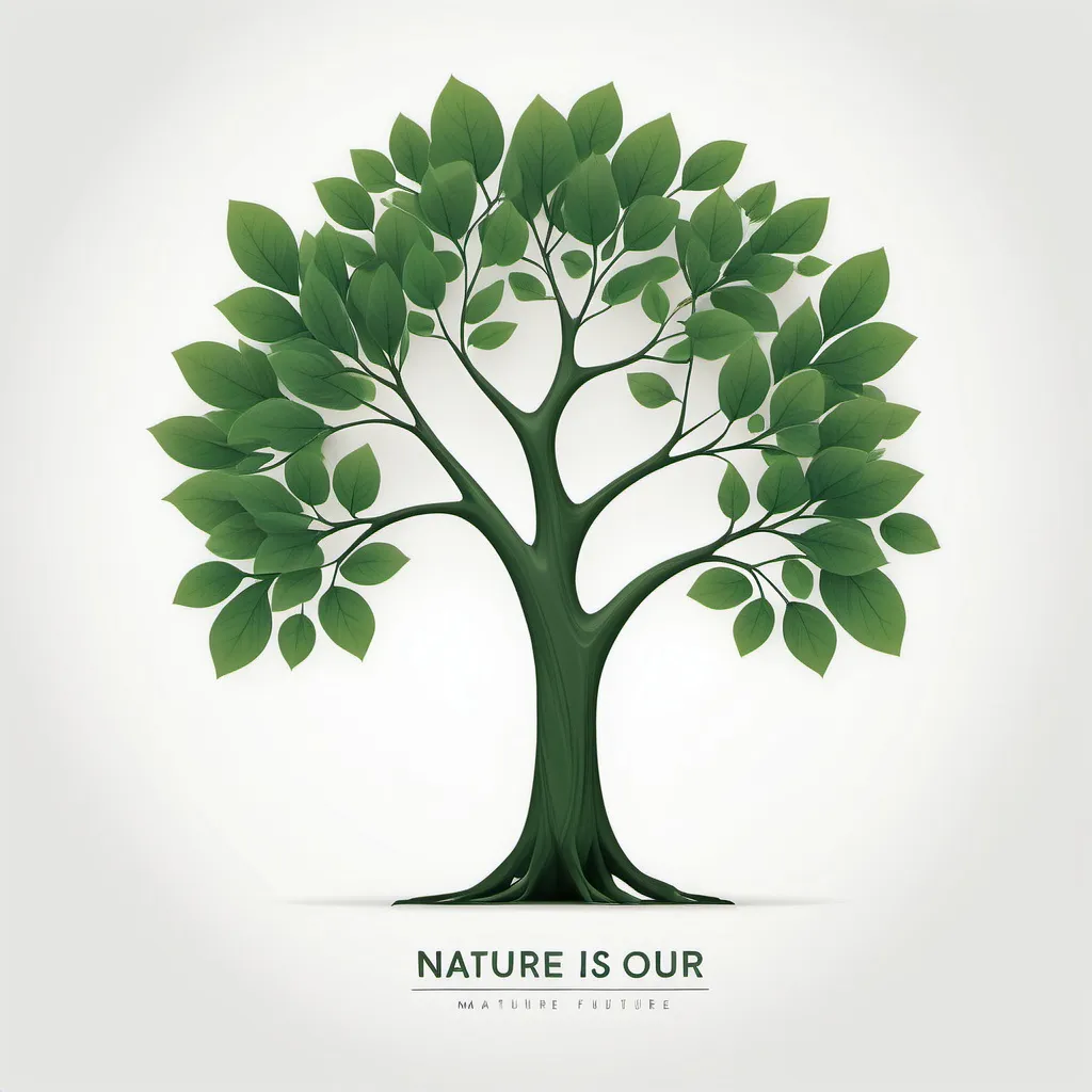 Prompt: Un design minimaliste avec un arbre majestueux, des feuilles vertes, sur un fond blanc. Ajouter un texte inspirant 'La nature est notre futur'. Style simple et épuré

