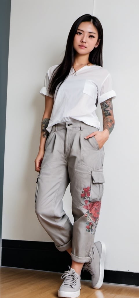 Prompt: a girl with oblong shaped face, Having medium length lower cut hair, standing in front of a white wall wearing a cargo grey pant and a white full shirt with folded sleeve, a thin framed glass and a matching noke jordan sneaker, having japanese tattoo of flower in left forearm, full body pose, a stock photo
