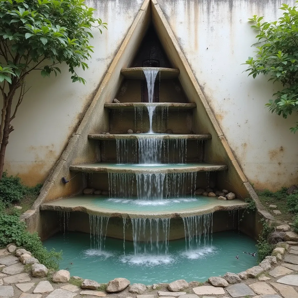 Prompt: A triangular fountain in the corner of the wall, with water flowing down several floors from above, and containing a cottage and a water mill.