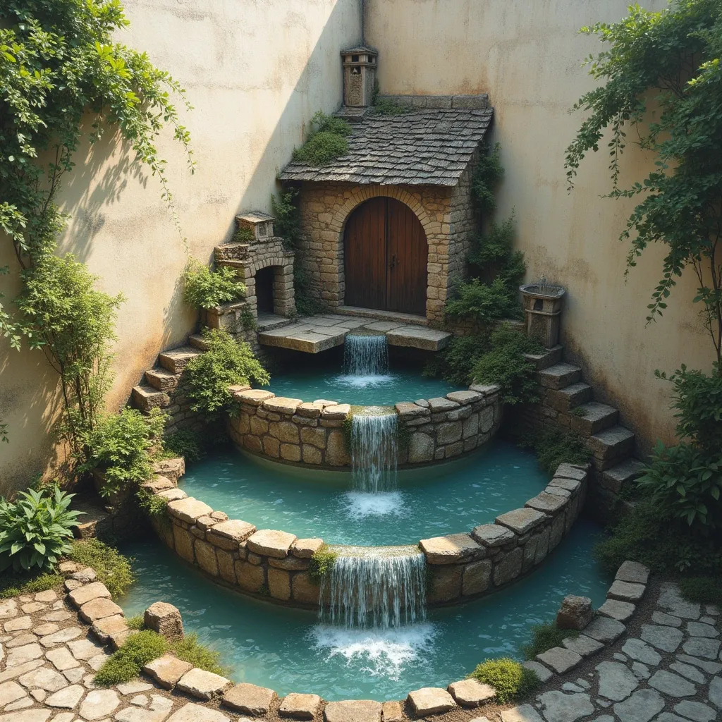 Prompt: A triangular fountain in the corner of the wall, with water flowing down several floors from above, and containing a cottage and a water mill.