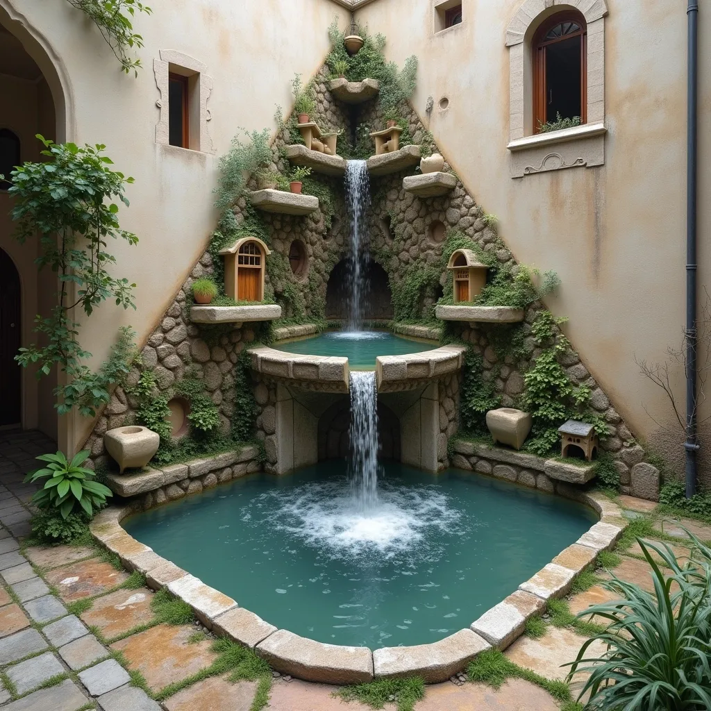 Prompt: A triangular fountain in the corner of the wall, with water flowing down several floors from above, and containing a cottage and a water mill.