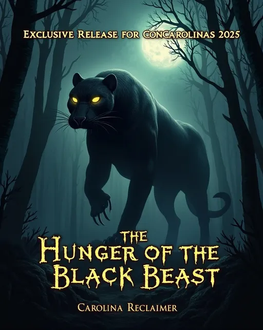 Prompt: Design a dramatic and eerie book cover for the TTRPG adventure 'Dark Evolution Adventure: The Hunger of the Black Beast,' exclusive to ConCarolinas 2025. The scene should feature a dense, shadowy North Carolina forest under a stormy night sky, with a faint full moon partially obscured by clouds. In the foreground, a towering, menacing panther-human hybrid (the Carolina Reclaimer) stands on sinewy limbs, its black-veined body faintly glowing with golden light. Its piercing yellow eyes burn with malice as it emerges from the mist, surrounded by claw-marked trees. The title 'The Hunger of the Black Beast' should be bold and ominous, with a subtitle 'Exclusive Release for ConCarolinas 2025' in smaller, elegant font. The overall tone should be suspenseful and foreboding, with a mix of horror and mystery.