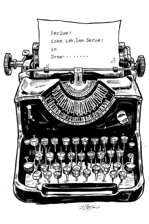 Prompt: In a black ink line-art style, create a close-up image of a 1930s typewriter