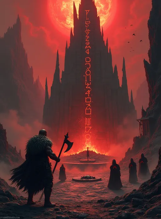 Prompt: "A dramatic barbarian fantasy scene set in a desolate volcanic gorge under a blood-red sunset. At the center stands the Black Altar of Dhrazan, a jagged obsidian structure glowing with crimson runes, surrounded by twisted stone pillars and swirling mist. A sacrifice lies on a stone dais while a sorcerer stands with a wavy dagger, ready to plunge it down. In the foreground, a muscular barbarian warrior with a massive axe and a fur cloak billows in the wind, ready to fight. Nearby, the ruins of a burned village with charred wooden structures and remnants of a once-thriving settlement add to the atmosphere of destruction. Opposing the barbarian are cultists in black robes adorned with scarlet serpent symbols, chanting ominously. A spectral, wraith-like creature with hollow, glowing eyes guards the altar. The lighting is dramatic, emphasizing the barbarian's defiance, the eerie glow of the altar, and the haunting desolation of the ruined village. The mood is ominous, intense, and epic."