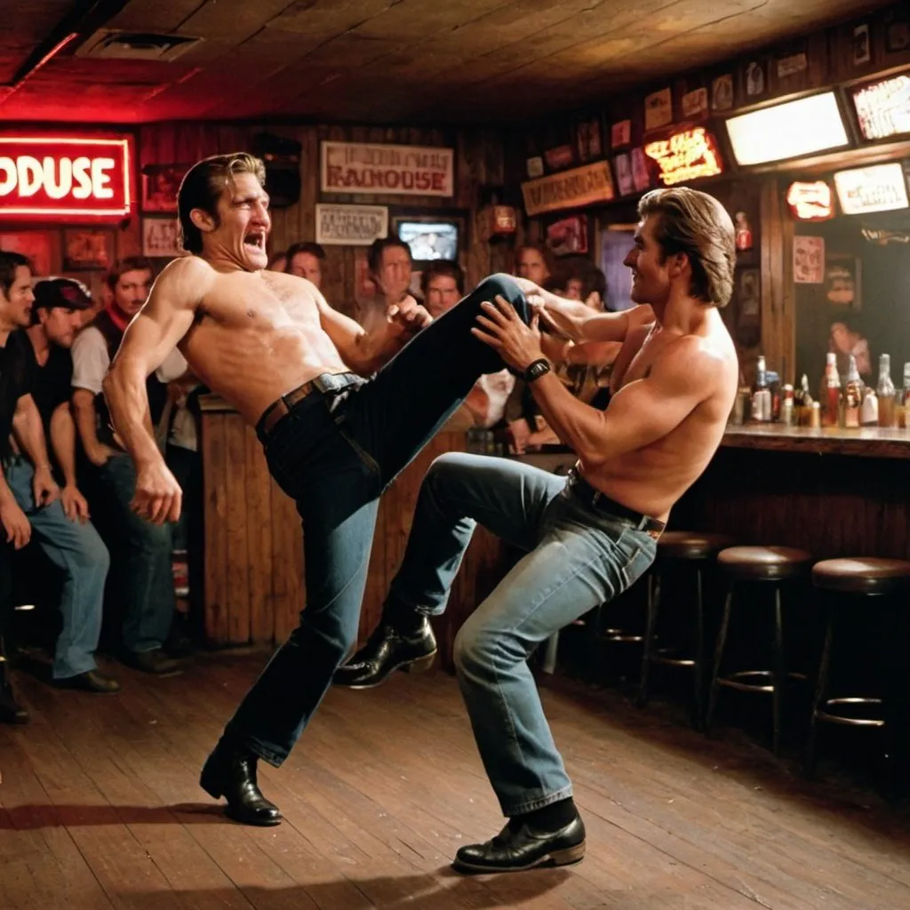 Prompt: an image of Jake Gyllenhaal kicking Patrick swayze in a dive bar set in the movie Roadhouse. there should be patrons in the bar. it should be kind of an edgy look to it like an independent movie or something edgy and cool and make sure. Patrick swayze and Jake Gyllenhaal are featured prominently in the photo and that they are making fighting moves