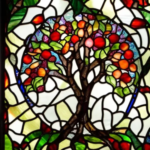 Prompt: stained glass depicting a tree with fruits like eyes, vibrant color, complex glass cells, numerous details