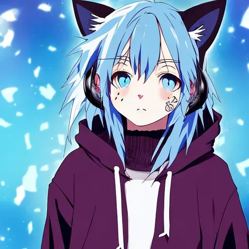 Prompt: Anime girl, cat ears, oversized sweater, blue hair, head phones, hoodie, tired eyes, face tattoos 