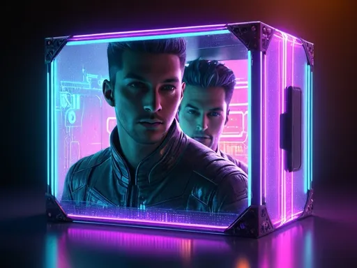 Prompt: High-resolution digital artwork of a futuristic video live crate, sleek metallic design with holographic display, immersive 3D environment, vibrant neon lights, intricate details, dynamic composition, sci-fi, futuristic, holographic display, immersive 3D, vibrant neon lights, detailed metallic design, high-tech, best quality, professional, dynamic composition
