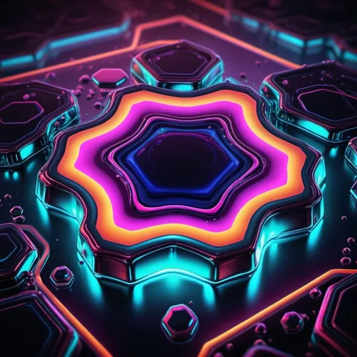 Prompt: a high-quality digital illustration of ((abstract liquid)) featuring NEON Hexagon Metallic Color Abstract, digital art, vibrant colors, modern, futuristic, neon lights, liquid metal effect, glowing, creative design, multi-dimensional, surreal artwork, high detail, 4k resolution.