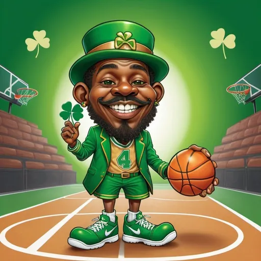Prompt: a high quality digital artwork of an (African American) leprechaun with a (gold tooth), holding a (four-leaf clover) and wearing (green Jordan tennis). The leprechaun has a (mustache) and is smoking a (pipe) with a (light) shining on him, highlighting his (hazel eyes). The background features a (basketball court) with a basketball. This artwork is colorful, whimsical, fantasy-themed, and includes elements of urban culture.
