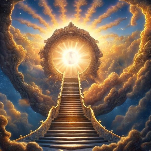 Prompt: a high quality digital artwork of a majestic, surreal (stairway to heaven) leading upwards with intricately detailed [golden steps] shining in the light, surrounded by fluffy (clouds) with a (bright sun) as the stunning, ethereal background, radiating warmth and light. Adding to the magical scene, incorporate shimmering (golden music notes) dancing in the air around the stairway, creating a sense of harmony and transcendence. The style should be dreamlike and surreal, emphasizing the heavenly and celestial elements present. This artwork should evoke a sense of wonder, serenity, and awe, showcasing a blend of realism and fantasy to capture the essence of ascending towards a divine realm