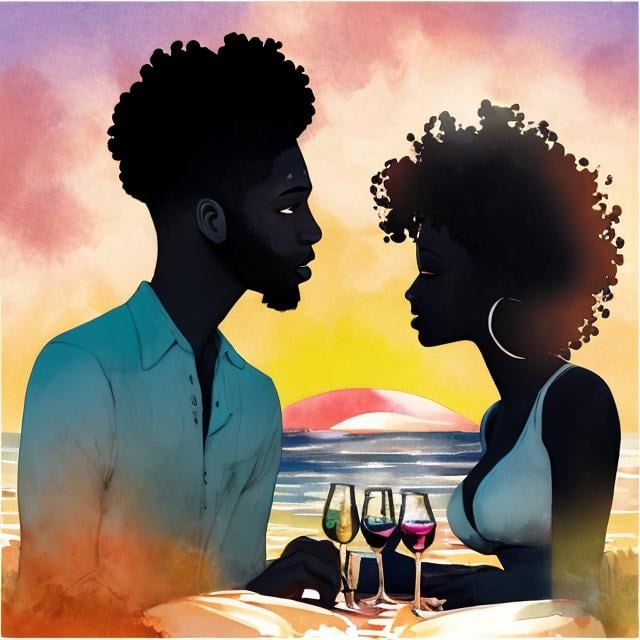 Prompt: Create a detailed illustration of a double exposure  black woman and a black man at sunset on the beach, featuring a picnic with wine and cheese. Capture the romantic atmosphere as they enjoy the view of the water, sharing a hot kiss under the warm glow of the sunset.{DreamShaper XL1.0} {Nozen/Watercolor}:{ DreamShaper7 toxic punk leonardo} can be done in  {digital art form} finetuned model metalgeare 2/2 le