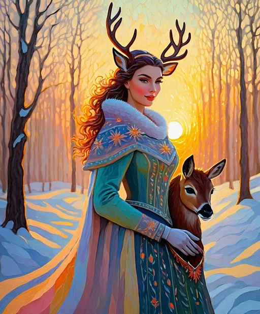 Prompt: fawncore, a very beautiful lady, winter sunrise, praise the sun, textured painting, fauvist, magical realism 