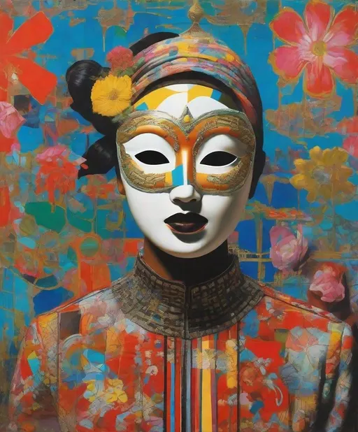 Prompt: Happiness is only finite moments of relief in a shallow existence, she knows this, the girl with the illusion happy mask art by Boris Mikhailov, Lee Mullican, Peter Mendelsund, Tomokazu Matsuyama