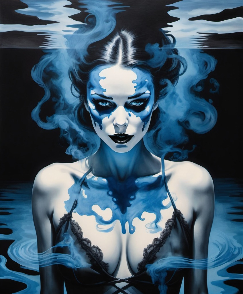 Prompt:  the rorschach pin up lady of smoke and mirrors in a blue water and black ink land, surreal, photorealistic 
