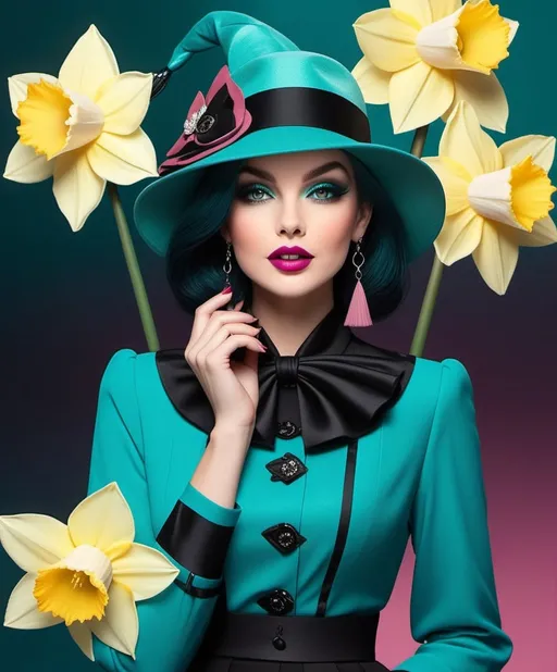 Prompt: Darling dazzling Diane, a deep dark daydreamer  dame, with delirious destiny daffodil dragon, dull turquoise, dusty rose, Deep teal, style by Dan Brereton, Jessica Durrant, Judith Desrosiers, Sophie Delaporte