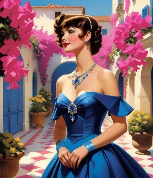 Prompt: Beautiful brave Beatrice, beloved brunette bachelorette from a bygone era, Bonafide, bewitching blue bougainvillea bonanza, Jean Beraud, Amanda Blake, Florence Broadhurst, Brom, Bernie Fuchs, tom bagshaw 