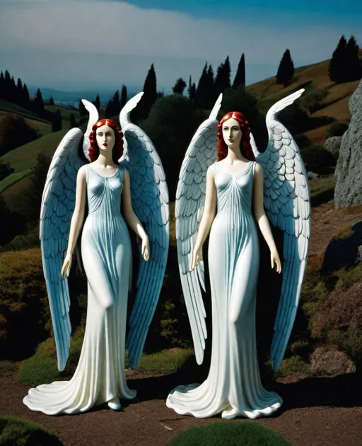 Prompt: bifrost angels in fornasetti style, by laurie simmons 