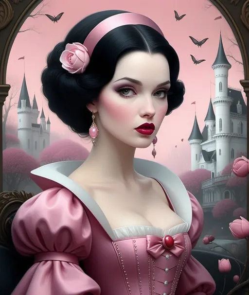 Prompt: Pink graffiti snow white, tom Bagshaw, ray Caesar, Michael hussar, Gerald Brom, horror fairy tale, very detailed, high definition, crisp quality, cinematic smooth, cinematic lighting, ultrarealistic, crispy focus.